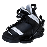 Angled left view of the black and white Tyke waterski binding with sturdy stitching, adjustable straps, and ergonomic fit.