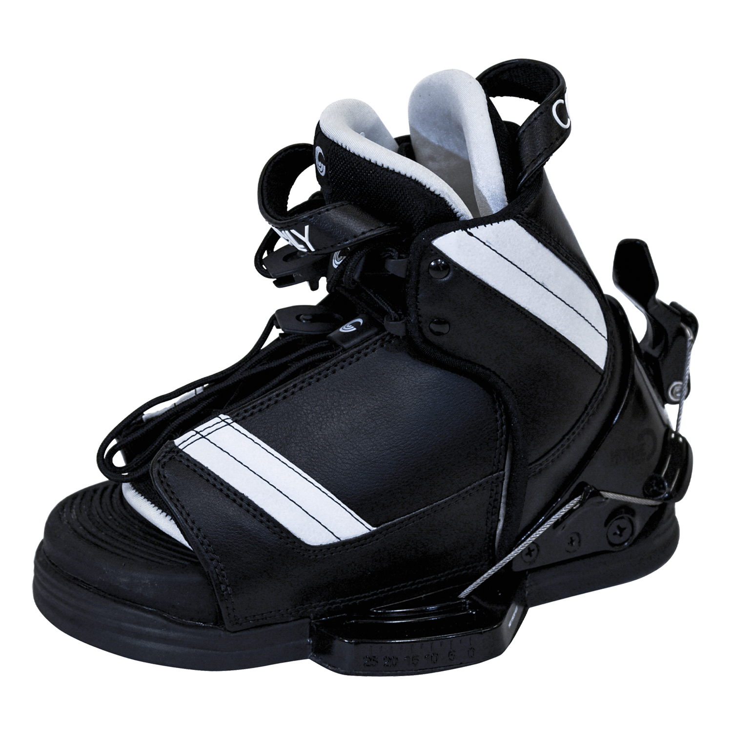 Angled left view of the black and white Tyke waterski binding with sturdy stitching, adjustable straps, and ergonomic fit.