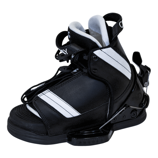 Angled left view of the black and white Tyke waterski binding with sturdy stitching, adjustable straps, and ergonomic fit.