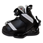 Right-side view of the black and white Tyke binding featuring a reinforced frame, support straps, and an open-toe design.