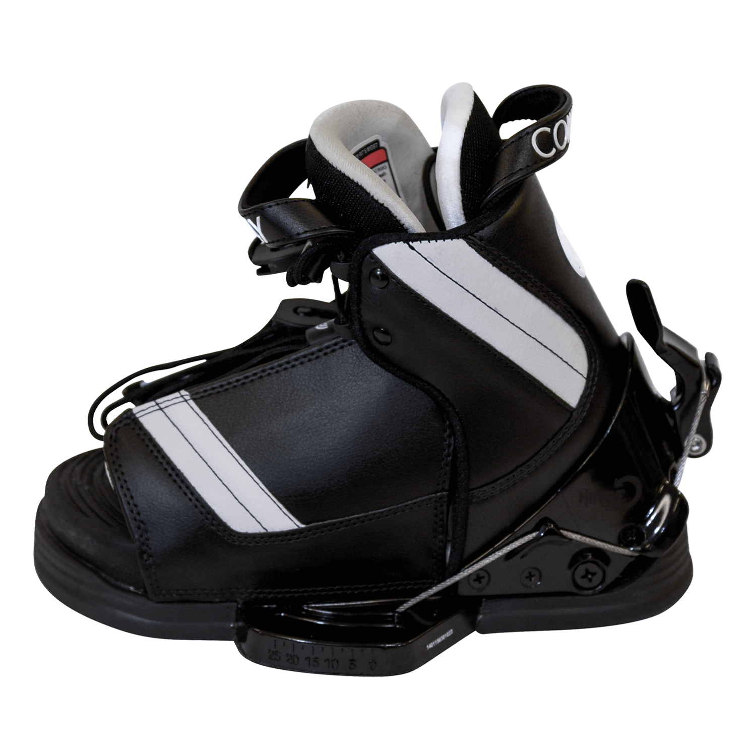 Right-side view of the black and white Tyke binding featuring a reinforced frame, support straps, and an open-toe design.