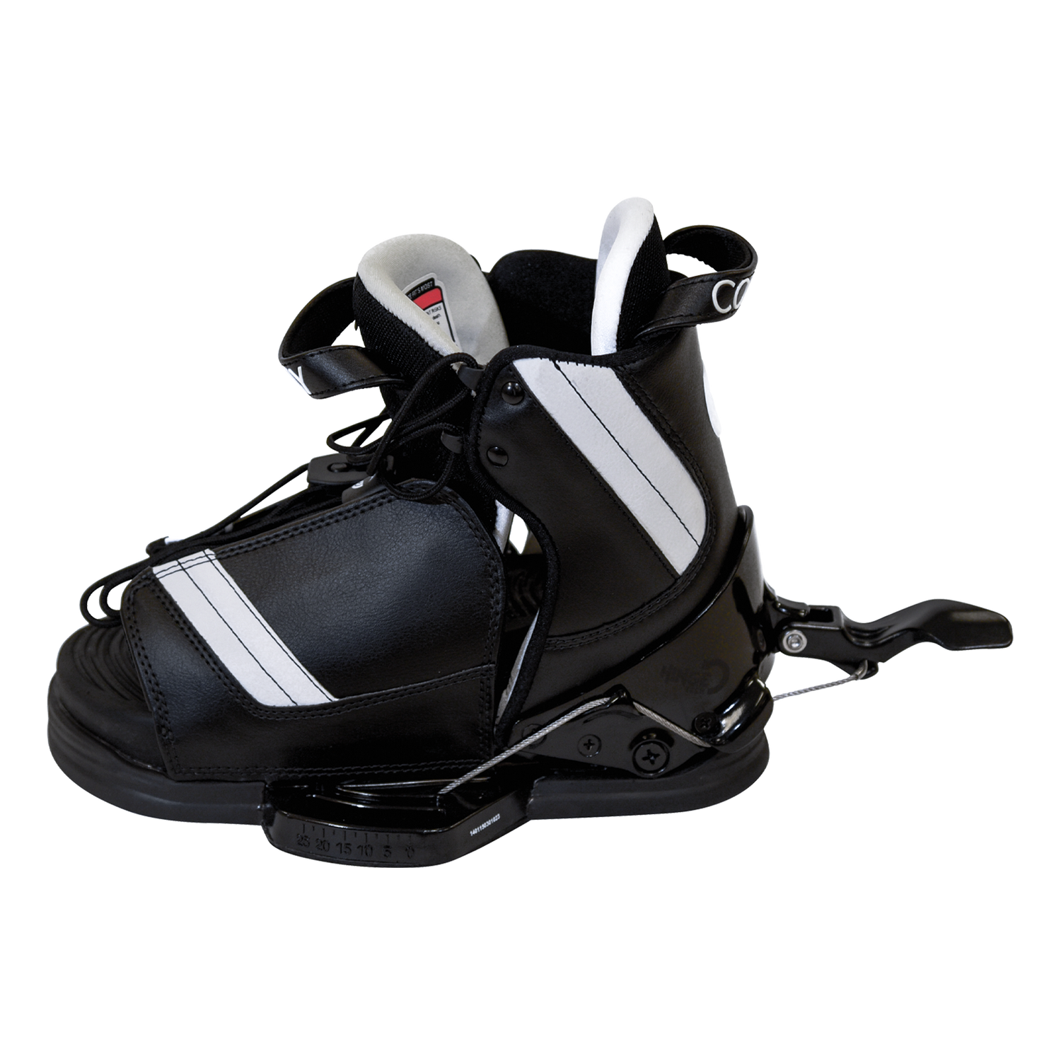 Right-side view of the Tyke waterski binding with the adjustable rear support open, showing the boot’s padded interior.