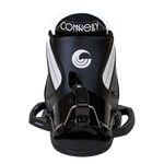 Rear view of the black and white Tyke waterski binding with a padded upper section, Connelly logo, and metal rear support.