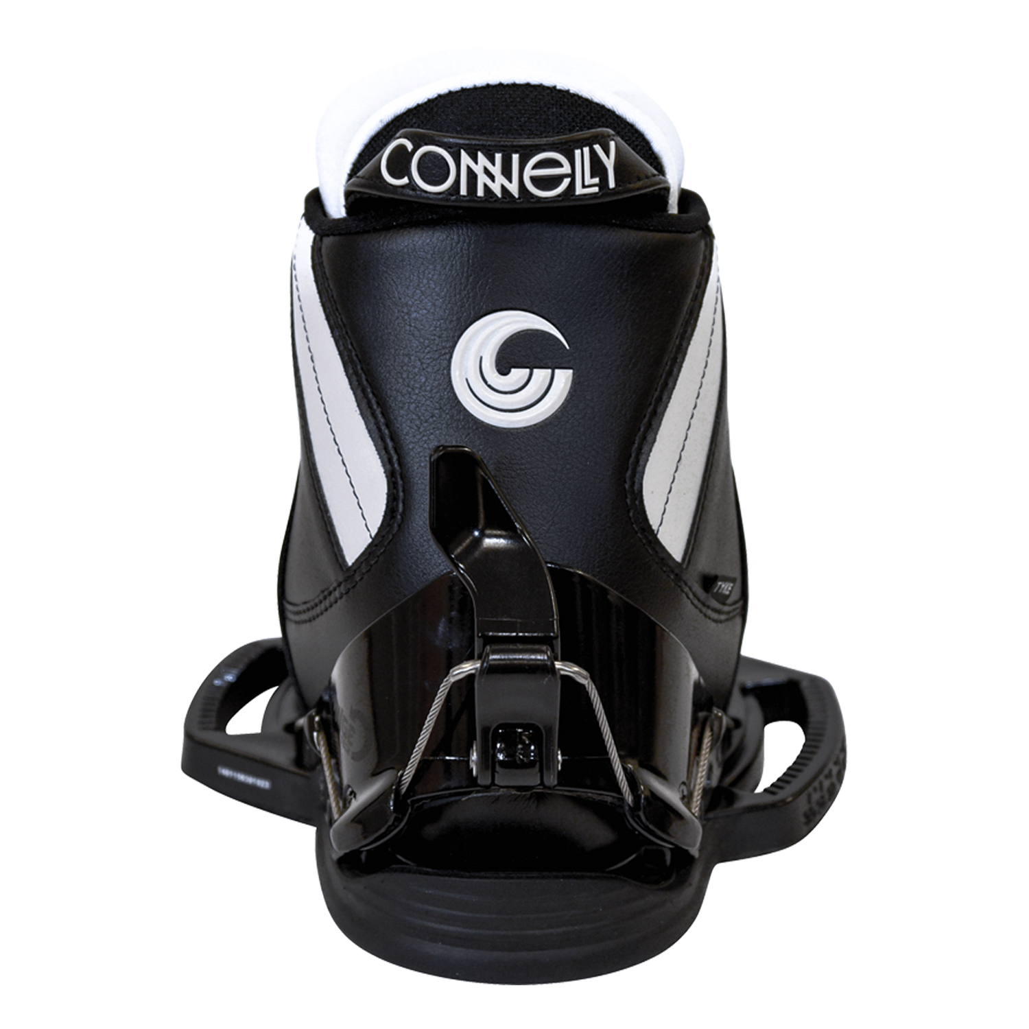 Rear view of the black and white Tyke waterski binding with a padded upper section, Connelly logo, and metal rear support.