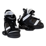 A pair of black and white Tyke waterski bindings with adjustable open-toe design, sturdy construction, and ergonomic fit.