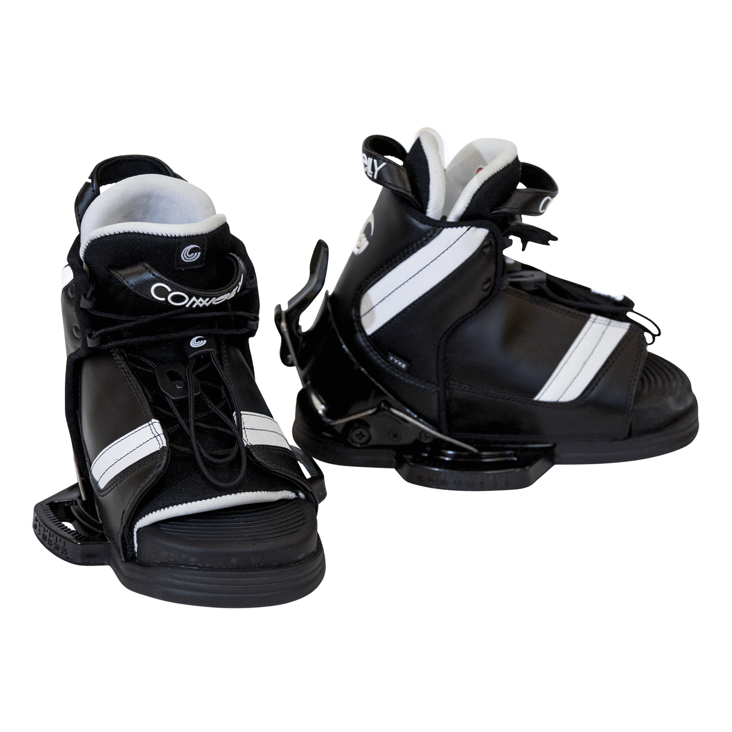 A pair of black and white Tyke waterski bindings with adjustable open-toe design, sturdy construction, and ergonomic fit.