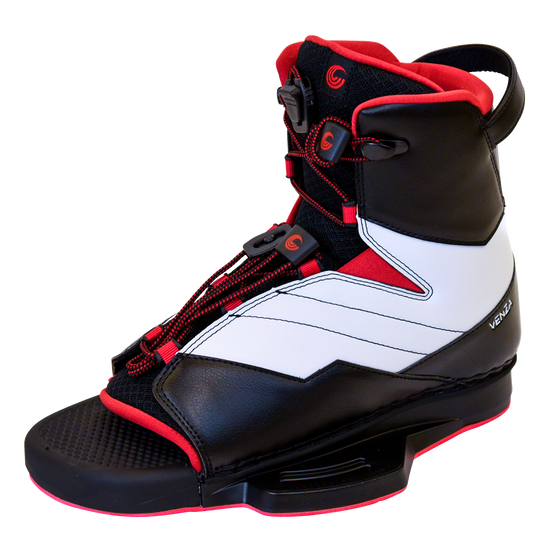 Angle view of the Venza binding, open-toe design, adjustable laces, and black, white, and red color scheme.