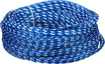 Coiled blue and white Deluxe 2-Person Tube Rope with a durable weave, designed for towing two riders.