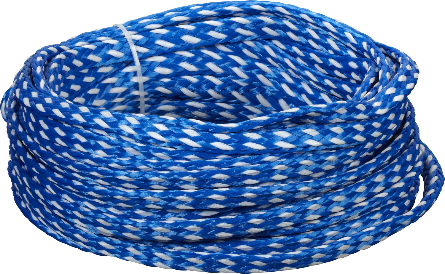 Coiled blue and white Deluxe 2-Person Tube Rope with a durable weave, designed for towing two riders.