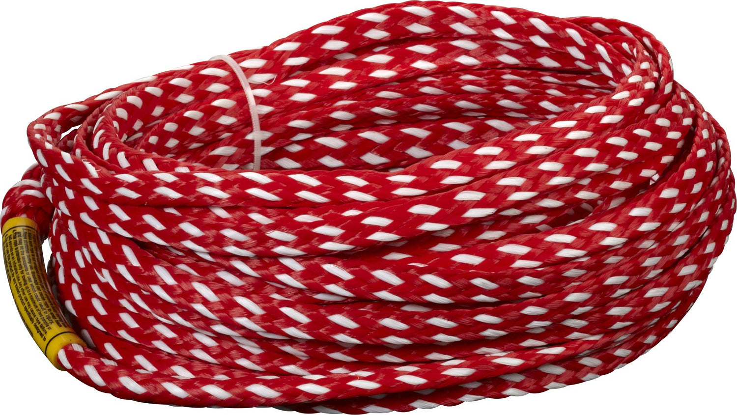 Coiled red and white Deluxe 2-Person Tube Rope with a strong, tightly woven design, ideal for pulling two riders.