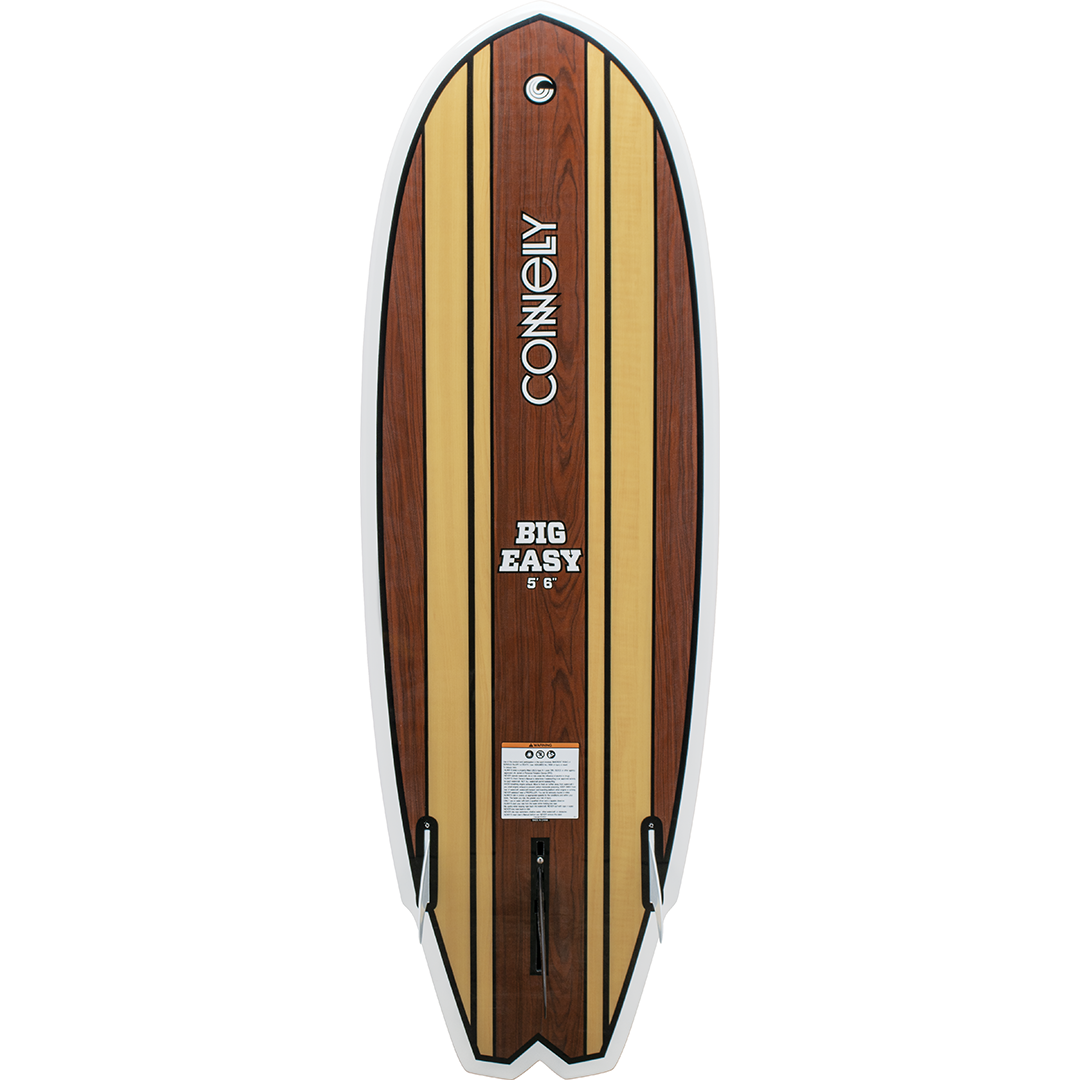 Bottom view of the Big Easy wakesurfer showcasing a woodgrain design with brown accents and stripes.