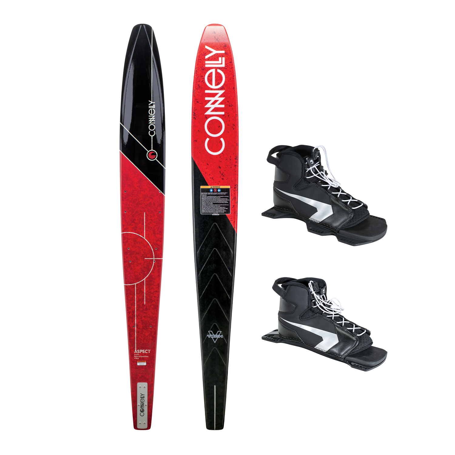 Connelly Aspect ski in red and black, paired with Shadow boots featuring a black and silver open-toe design.