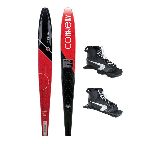 Connelly Aspect ski in red and black, paired with Shadow boots featuring a black and silver open-toe design.