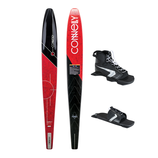 Top and bottom view of the Connelly Aspect slalom ski in red and black with Shadow front boot and Lace Adjustable RTP.