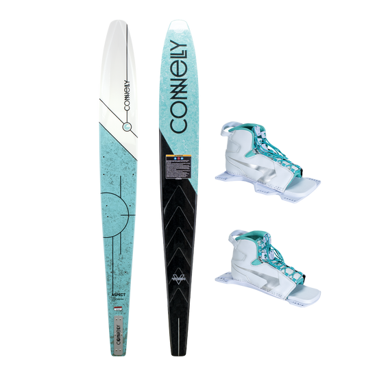 Front and base view of the Women's Aspect w/Double Shadow Boots, featuring a teal and white ski with matching bindings.