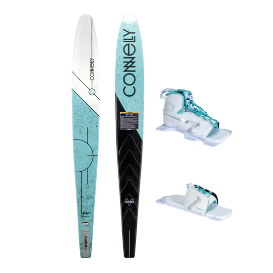 Front and base view of the Women's Aspect ski in teal and white with a Shadow front boot and Lace Adjustable RTP.