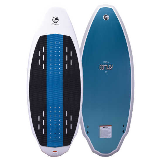 Connelly Bentley wakesurf board, top and bottom views. Blue base, twin fin setup, and black traction pad for control.