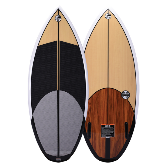 Connelly Benz wakesurf board, top and bottom views. Woodgrain base, twin fins, and black grip pad for stability.