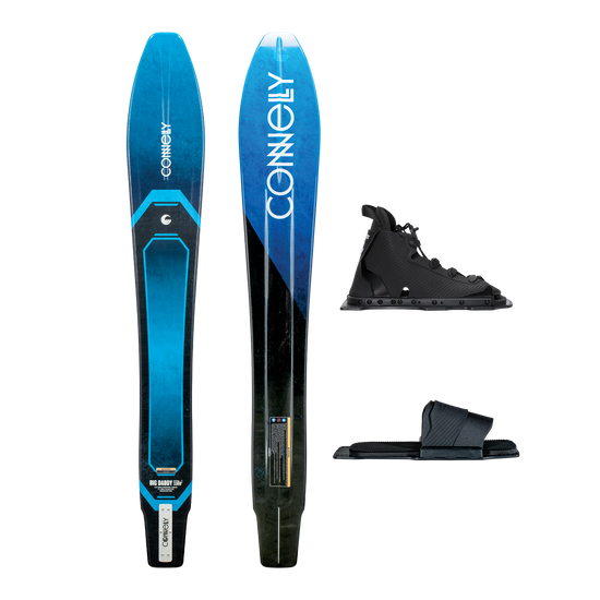 Connelly Big Daddy water ski with Swerve front boot and RTP. Wide-body design with blue and black graphics.