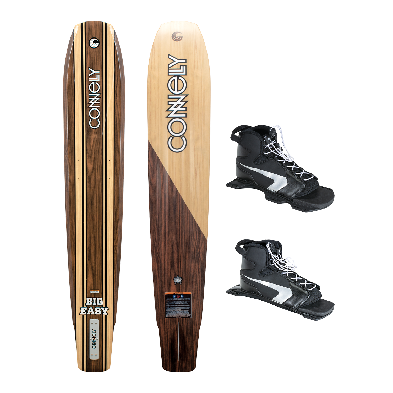 Big Easy slalom ski with Double Shadow bindings, featuring a woodgrain design and adjustable black and silver boots.