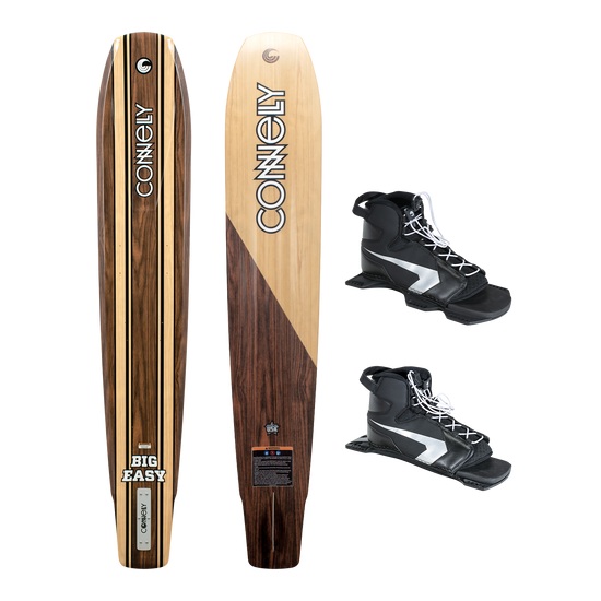 Big Easy slalom ski with Double Shadow bindings, featuring a woodgrain design and adjustable black and silver boots.