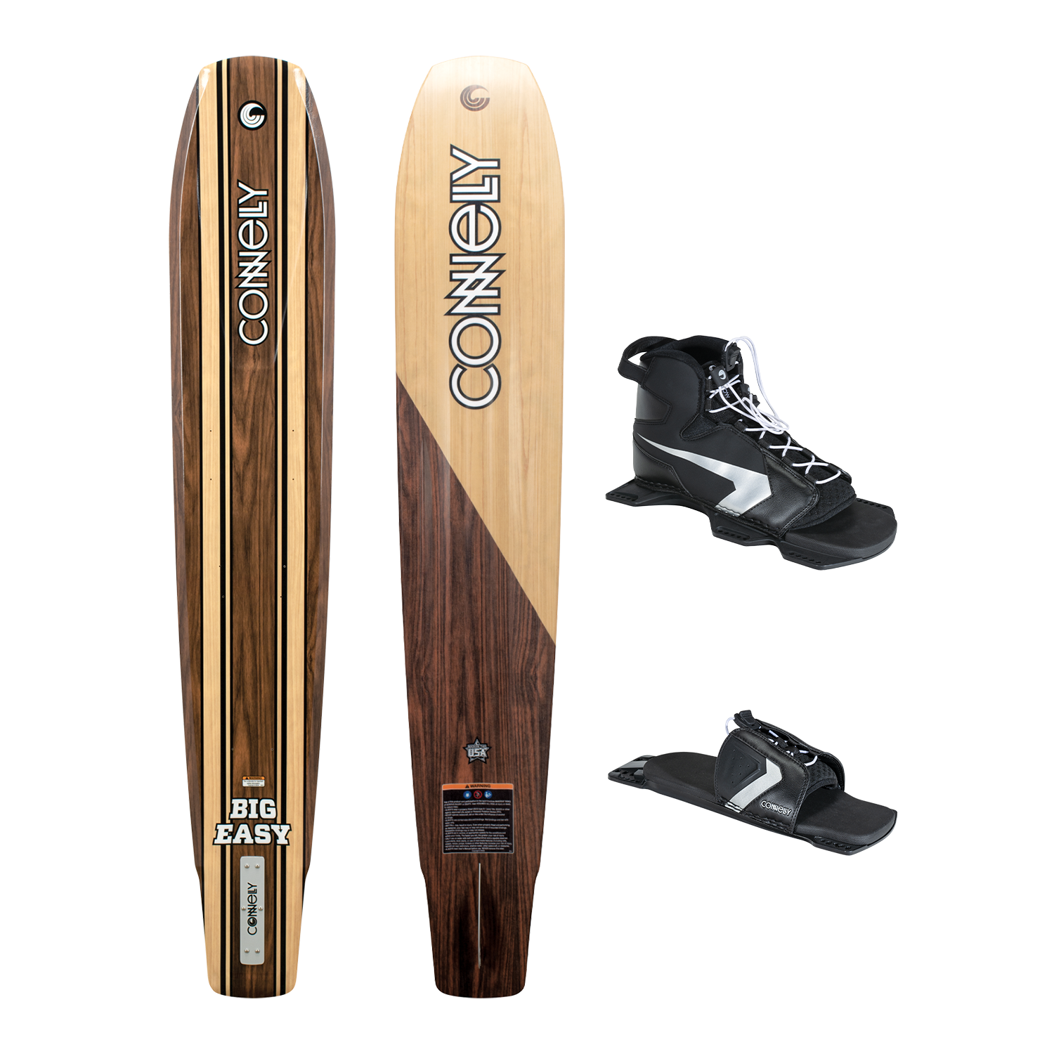 Big Easy slalom ski with Shadow Front Boot and Lace Adjustable RTP, featuring a classic woodgrain design with black details.