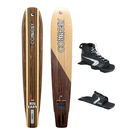 Big Easy slalom ski with Shadow Front Boot and Lace Adjustable RTP, featuring a classic woodgrain design with black details.