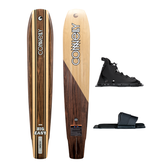 Big Easy slalom ski with wood grain finish, Swerve front boot, and Swerve RTP rear binding for control and comfort.