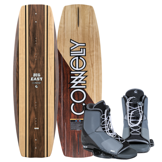 Big Easy wakeboard features a woodgrain design with black accents, with gray and black Draft bindings.