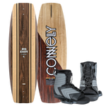 Connelly Big Easy wakeboard with Optima bindings, featuring a woodgrain finish and black adjustable lace-up boots.