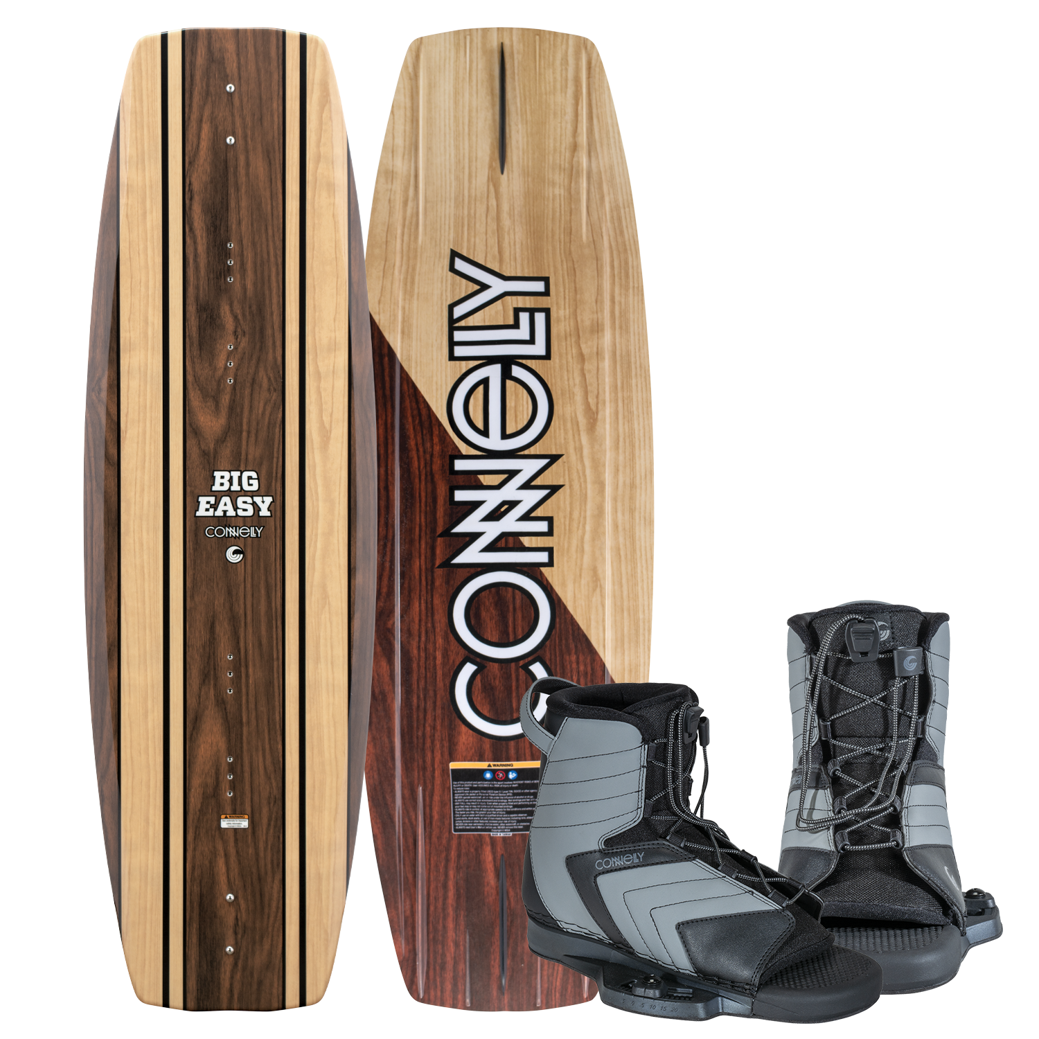 Connelly Big Easy wakeboard with Optima bindings, featuring a woodgrain finish and black adjustable lace-up boots.