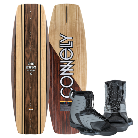 Connelly Big Easy wakeboard with Optima bindings, featuring a woodgrain finish and black adjustable lace-up boots.