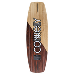 Bottom of the Connelly Big Easy wakeboard, featuring a brown and tan contrasting woodgrain pattern and large logo.