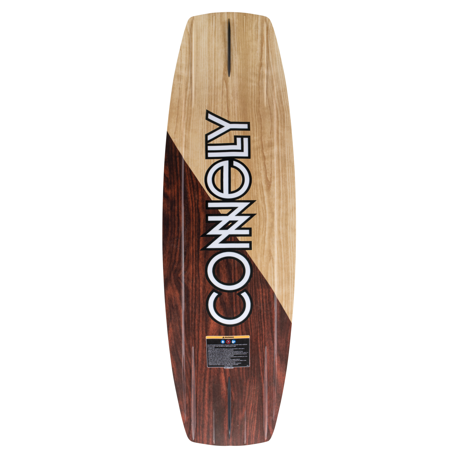 Bottom of the Connelly Big Easy wakeboard, featuring a brown and tan contrasting woodgrain pattern and large logo.