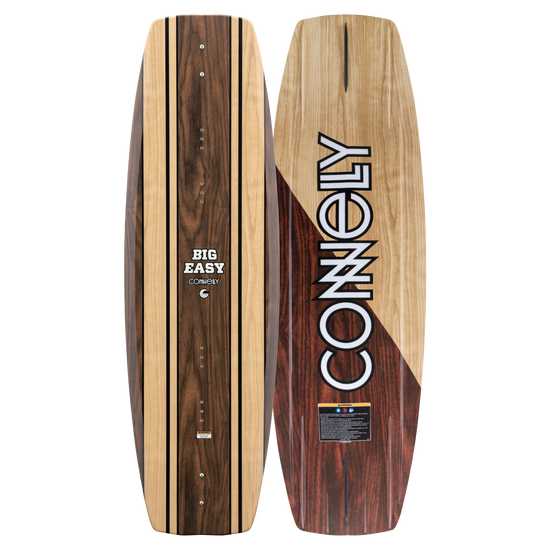 Top and base view of the Big Easy wakeboard with woodgrain design, Connelly logo, and a smooth-bottom shape.