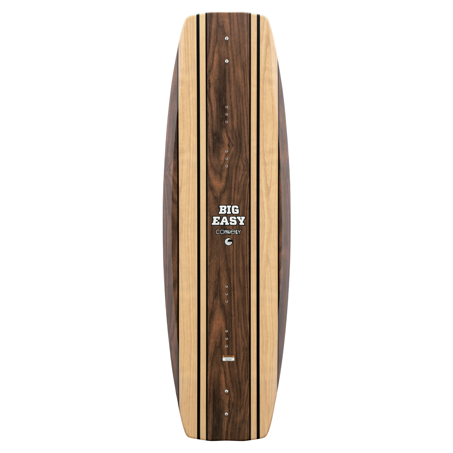 Top view of the Connelly Big Easy wakeboard, featuring a woodgrain design and "Big Easy" branding.