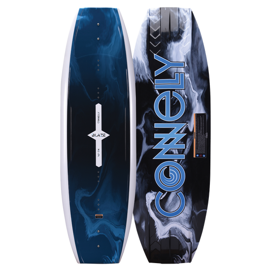 Blaze wakeboard top and base view, featuring deep blue marbled graphics on top and Connelly branding on the base.