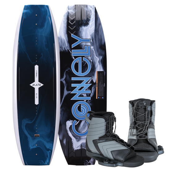 Blaze wakeboard with Optima bindings with a sleek blue and black design, supportive fit, and secure lace system for control.