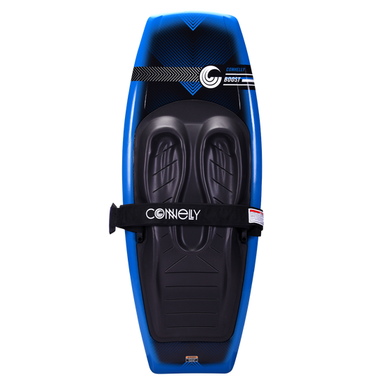 Boost kneeboard with a blue and black design, featuring molded knee pads and a padded strap for comfort and control.