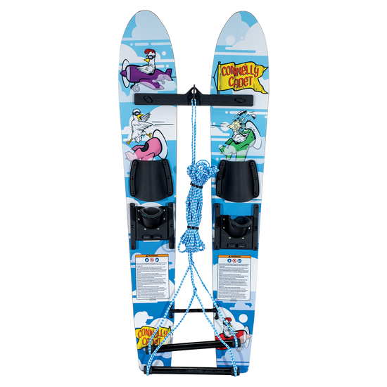 Top view of Cadet junior water skis featuring a blue cartoon design with birds, adjustable bindings, and a training rope.