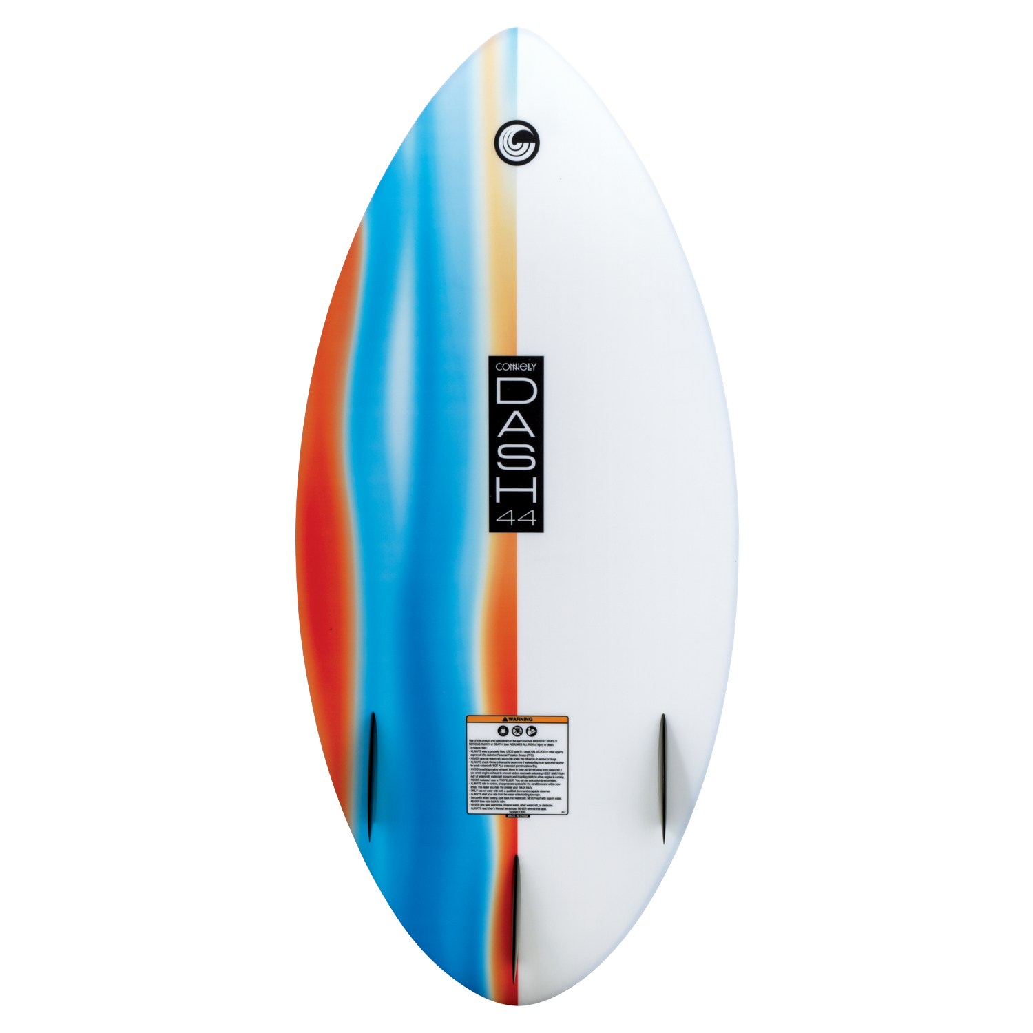 Bottom of the DASH Kid's Board with a smooth white finish, gradient accents, and twin fins for stability.