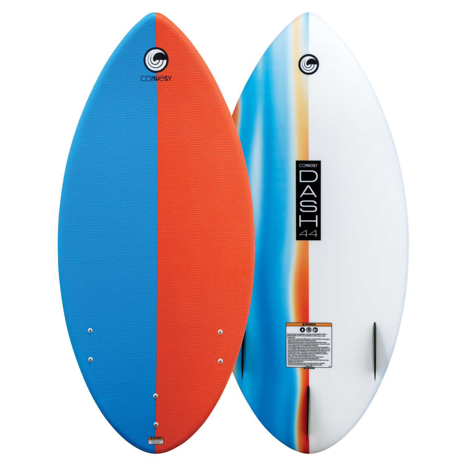 Front and back view of the DASH Kid's Board, featuring a split blue and orange traction pad and a sleek white base.