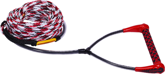 Coiled red, black, and white rope with a black handle and red grips, featuring a 75-foot mainline for water sports.