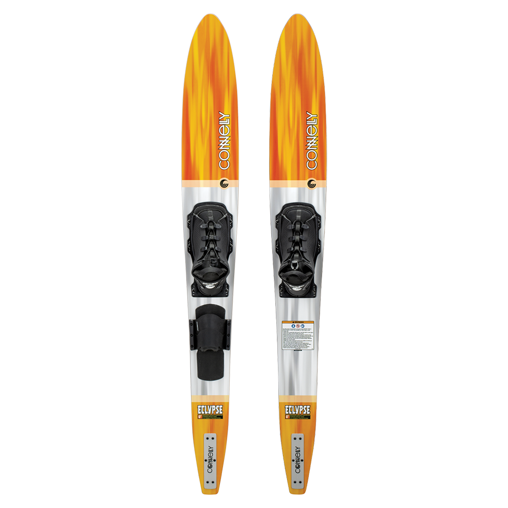 Top-down view of Eclypse water skis with an orange flame design, black adjustable bindings, and a stabilizer bar.