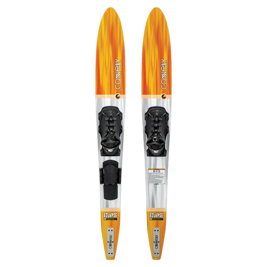 Top-down view of Eclypse water skis with an orange flame design, black adjustable bindings, and a stabilizer bar.