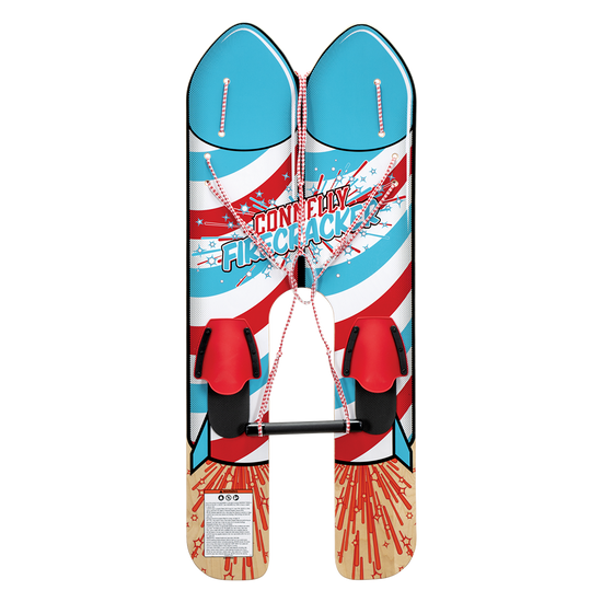 Top view of the Firecracker water skis featuring a red, white, and blue graphic with starburst patterns.