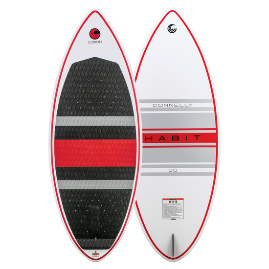 Front and back views of the HABIT Skim wakesurf board, showing the traction pad, logo, and single fin setup.