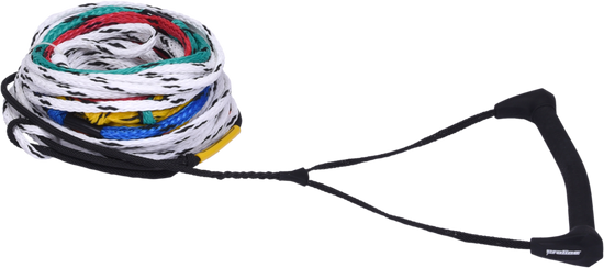 Side view of the LAZER PACKAGE rope, showing a multi-color coiled design with a black handle and a durable braided lead.