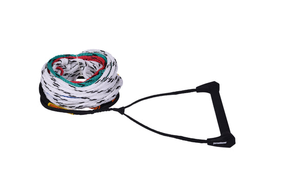 Coiled LAZER PACKAGE rope with white, black, red, green, and blue strands, featuring a black handle with a soft grip.