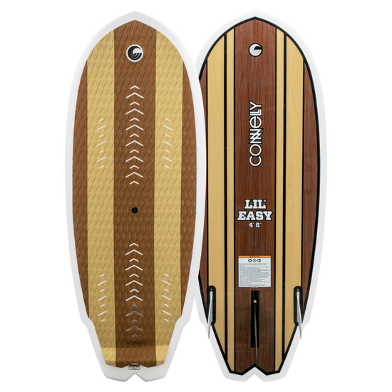 Top and base view of the Lil Easy wakesurf board, displaying the textured deck and woodgrain bottom.